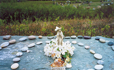 Mother Mary on an alter above the medicine wheel circle.